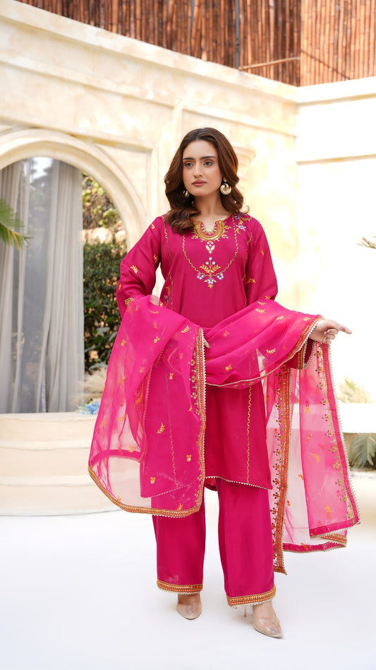 Luxury Raw Silk Embroidered Suit in Fuchsia Pink with Organza Dupatta - Cross Fashion