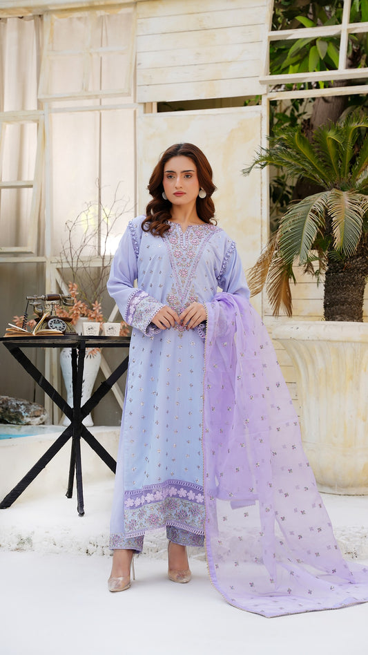 Raw Silk Light Purple Embroidered Suit with Dupatta - Cross Fashion