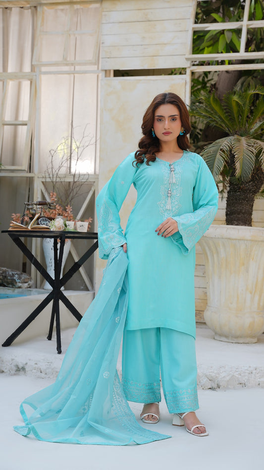 "Luxury in Every Thread 💎 Sky Blue Raw Silk Embroidered Ensemble - Cross Fashion