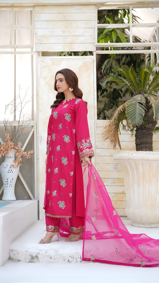 Hot Pink Raw Silk Embroidered 3-Piece Suit | Luxury Festive Collection 2025 - Cross Fashion