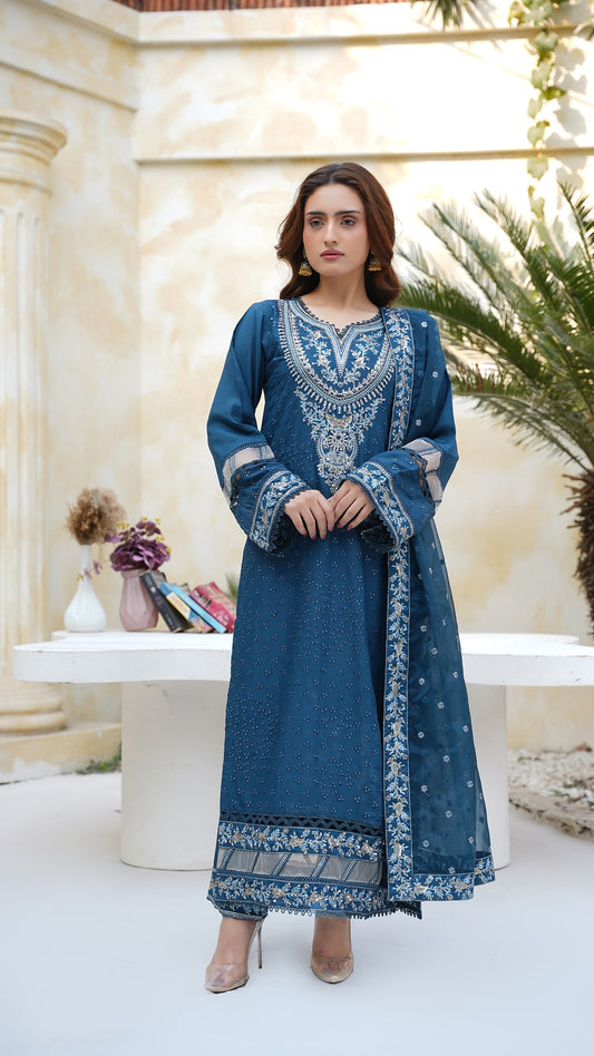 Teal Blue Embroidered Raw Silk 3-Piece Suit – Luxury Festive Collection - Cross Fashion