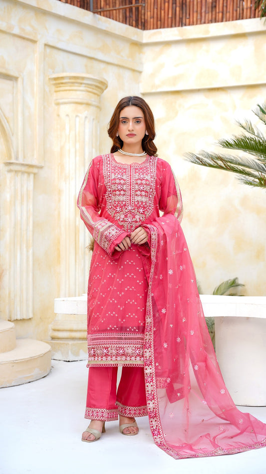Rose Pink Embroidered Organza 3-Piece Suit – Luxury Festive Collection - Cross Fashion