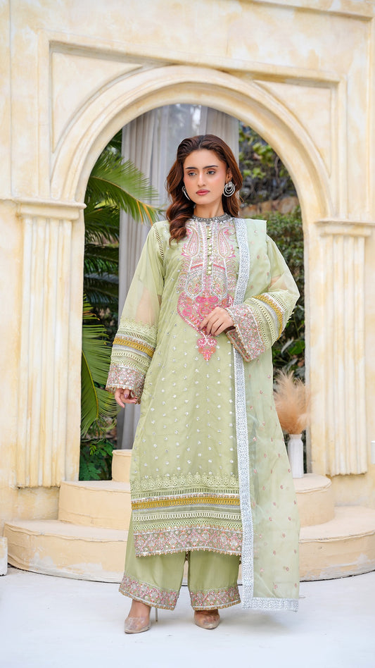 Elegant Pastel Green Embroidered 3-Piece Suit | Luxury Pret Collection 2025 - Cross Fashion