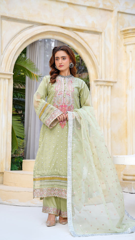 Elegant Pastel Green Embroidered 3-Piece Suit | Luxury Pret Collection 2025 - Cross Fashion