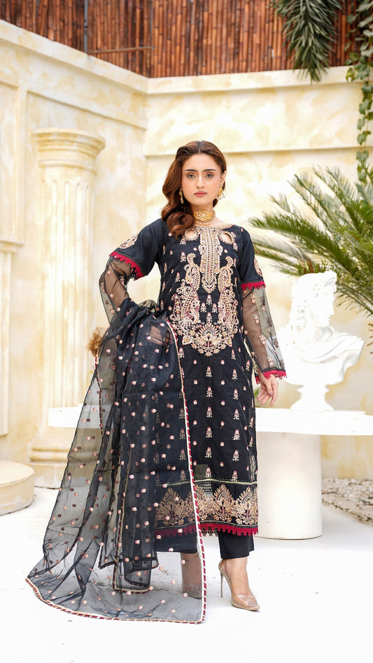 Black Embroidered Nylon Organza 3-Piece Suit – Luxury Festive Collection - Cross Fashion