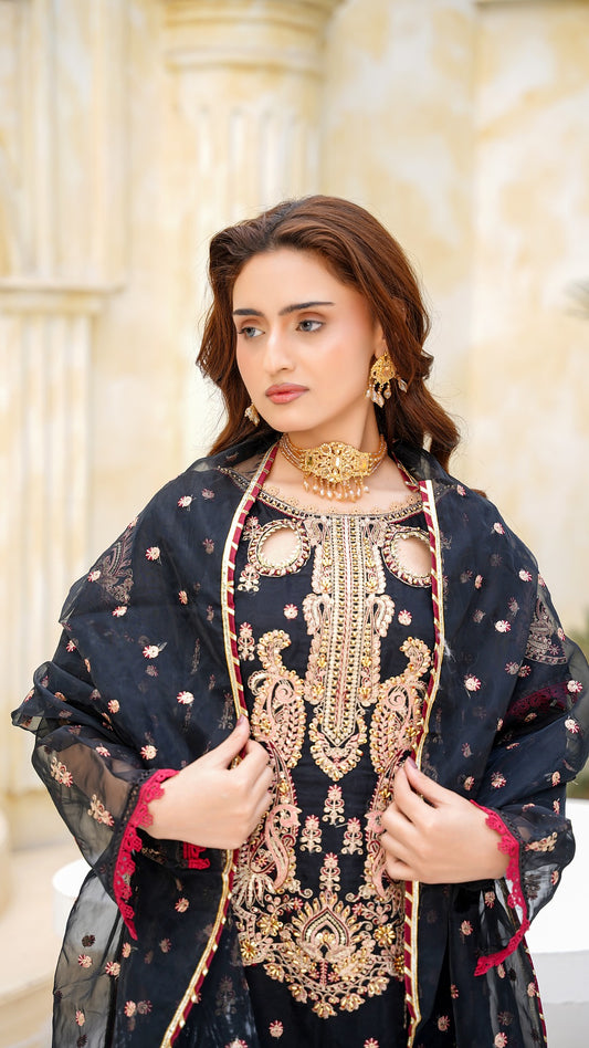Black Embroidered Nylon Organza 3-Piece Suit – Luxury Festive Collection - Cross Fashion