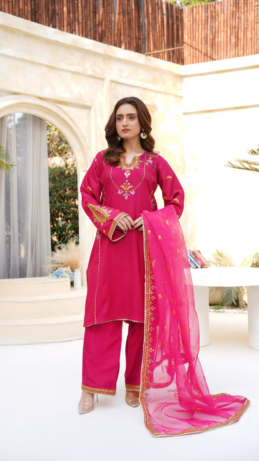 Luxury Raw Silk Embroidered Suit in Fuchsia Pink with Organza Dupatta - Cross Fashion