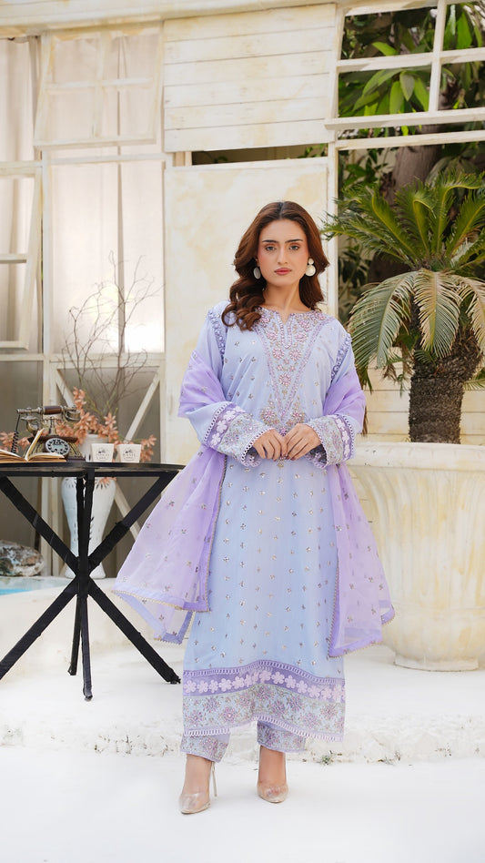 Raw Silk Light Purple Embroidered Suit with Dupatta - Cross Fashion