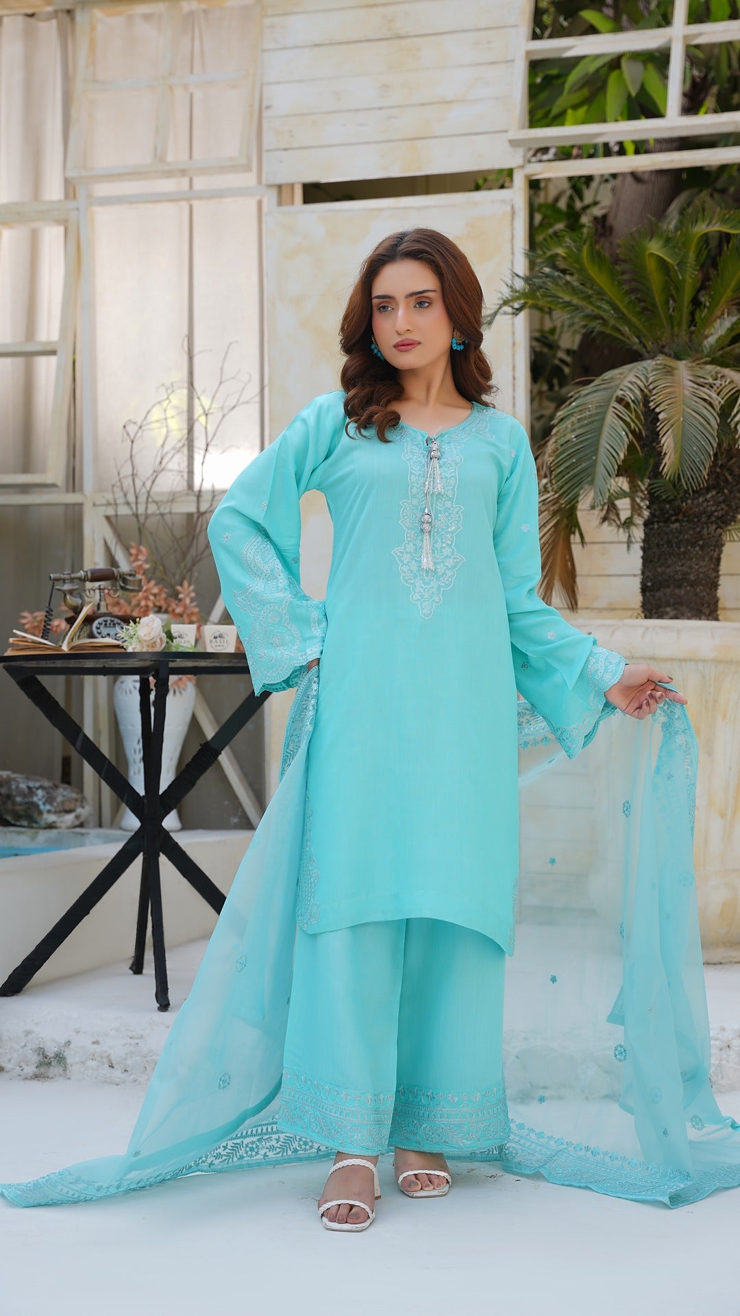 "Luxury in Every Thread 💎 Sky Blue Raw Silk Embroidered Ensemble - Cross Fashion