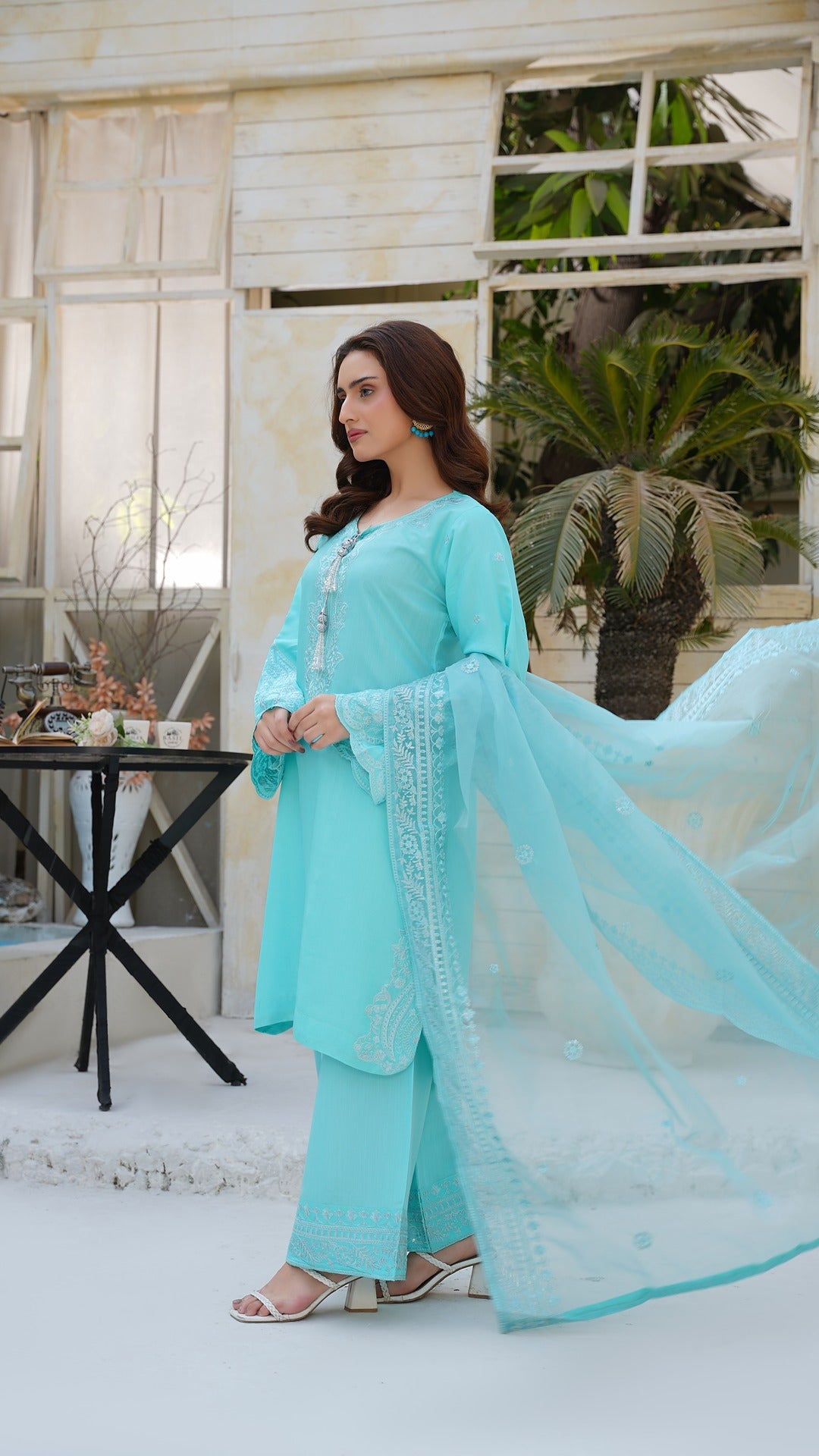 "Luxury in Every Thread 💎 Sky Blue Raw Silk Embroidered Ensemble - Cross Fashion