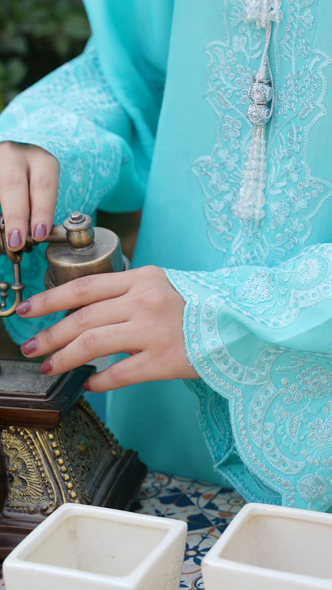 "Luxury in Every Thread 💎 Sky Blue Raw Silk Embroidered Ensemble - Cross Fashion