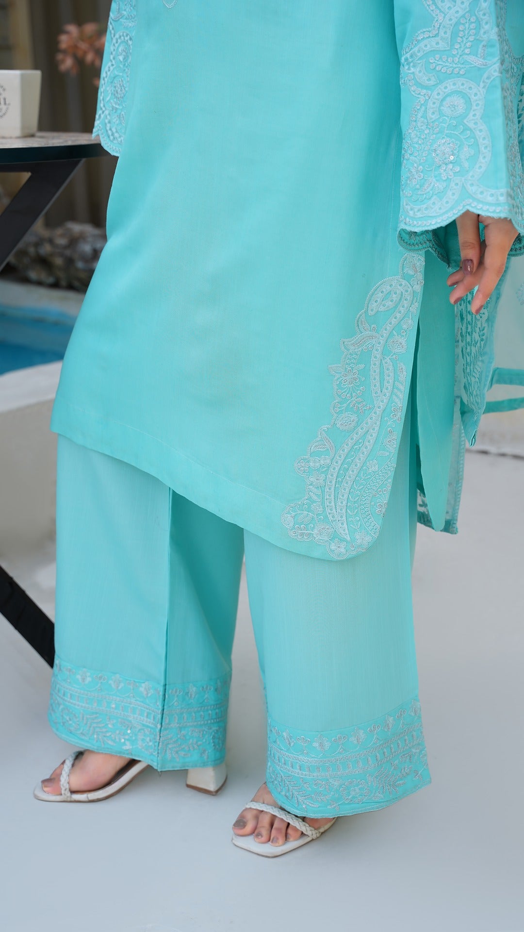 "Luxury in Every Thread 💎 Sky Blue Raw Silk Embroidered Ensemble - Cross Fashion