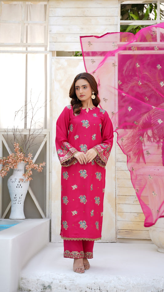 Hot Pink Raw Silk Embroidered 3-Piece Suit | Luxury Festive Collection 2025 - Cross Fashion