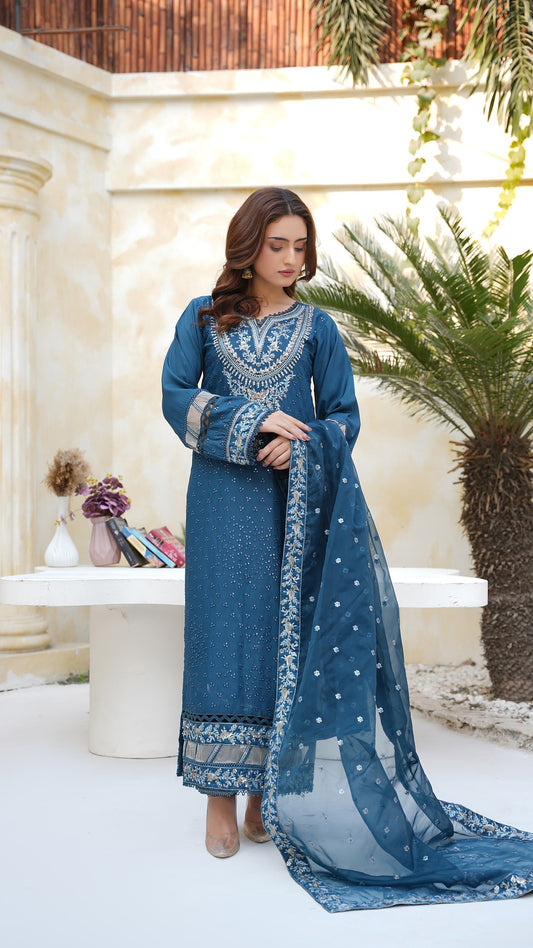 Teal Blue Embroidered Raw Silk 3-Piece Suit – Luxury Festive Collection - Cross Fashion