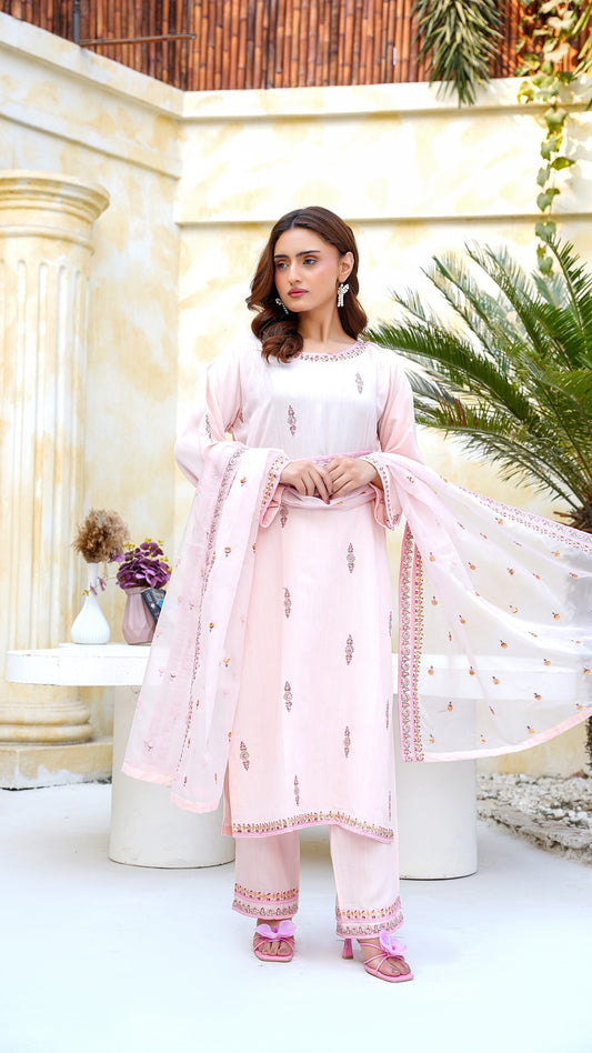 Blush Pink Embroidered Raw Silk Suit | Elegant Summer Festive Wear - Cross Fashion