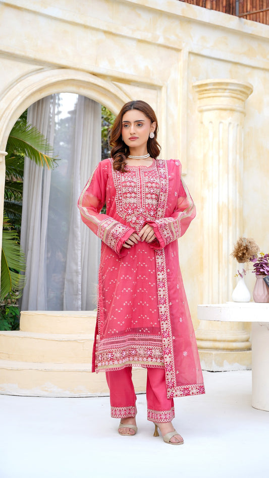 Rose Pink Embroidered Organza 3-Piece Suit – Luxury Festive Collection - Cross Fashion