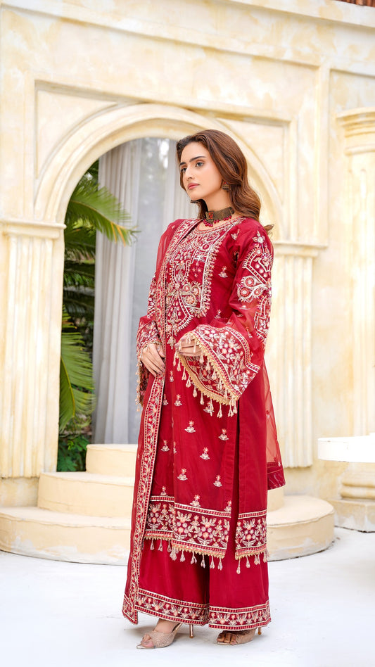 Designer Maroon Embroidered 3-Piece Suit – Wedding & Festive Wear - Cross Fashion