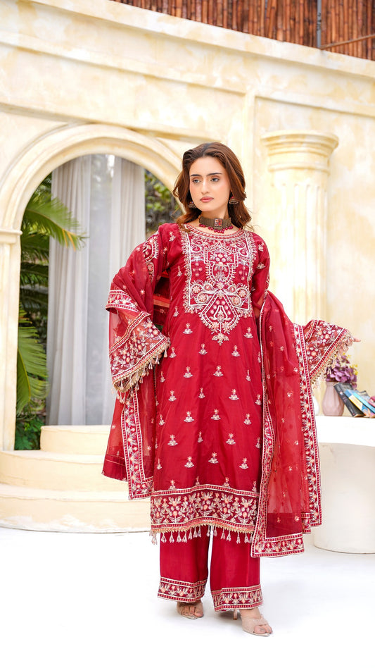 Designer Maroon Embroidered 3-Piece Suit – Wedding & Festive Wear - Cross Fashion
